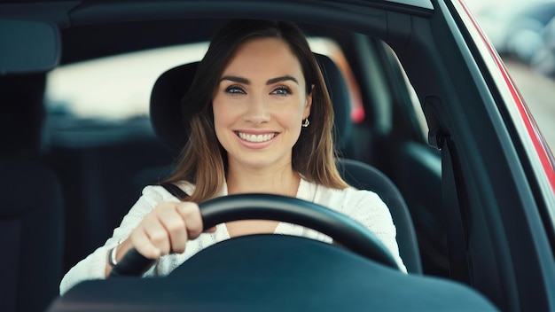 Porträt einer attraktiven lächelnden Frau, die ein Auto fährt