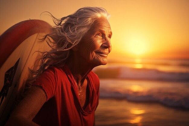 Porträt einer aufgeregten, lächelnden älteren Surferin Generative KI