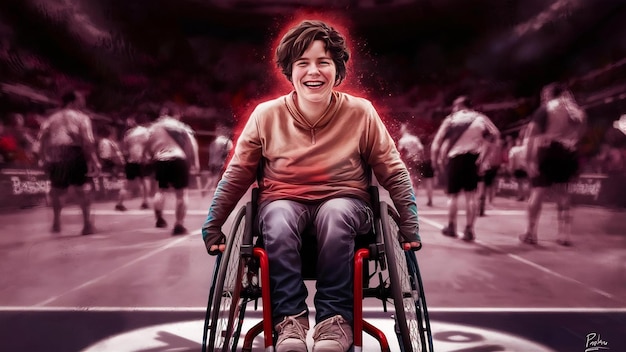 Porträt einer behinderten Person in einem Rollstuhl bei einem lächelnden Fronton eines baskischen Pelota-Spiels
