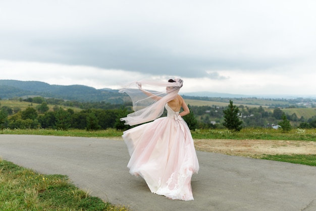 Porträt einer Braut unter einem Schleier. Der Wind bläst einen Schleier auf. Eine Frau steht mit dem Rücken. Schuss auf einem Hintergrund der grünen Wiese. Freiraum.