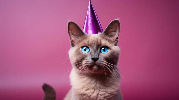 Porträt einer britischen kurzhaarigen Katze, die einen Partyhut trägt. Eine lustige Katze in einer Mütze feiert ihren Geburtstag an einem Tag.
