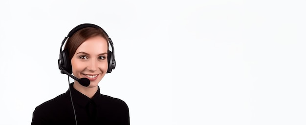 Porträt einer brünetten Kundendienstmitarbeiterin Isoliert auf weißem Hintergrund Junge Frau, die in einem Callcenter arbeitet