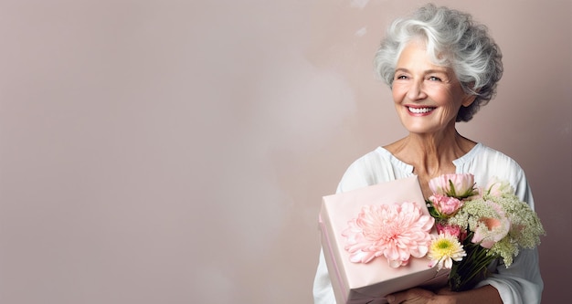 Porträt einer eleganten älteren Frau mit einem sanften Lächeln, die einen Strauß frischer Blumen in der Hand hält