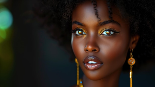 Porträt einer eleganten Afro-Frau mit goldenen Ohrringen und einem Kettenbanner mit schwarzem Hintergrund