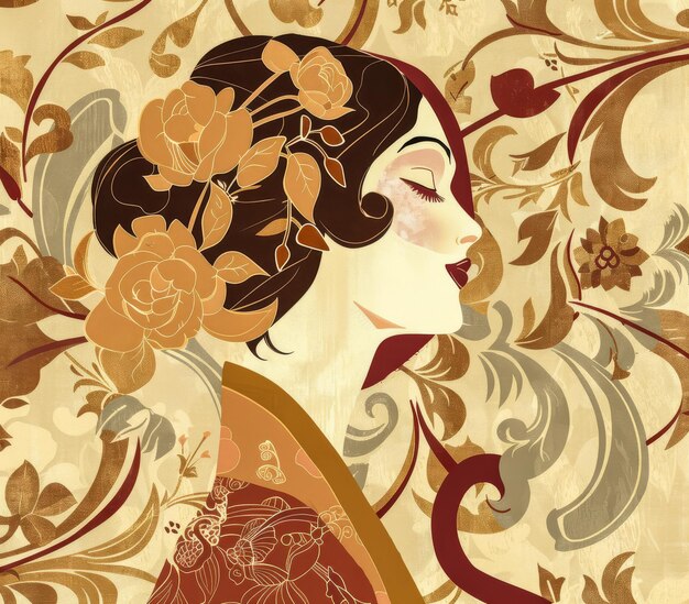 Porträt einer eleganten Art Nouveau-Frau mit einem Vintage-Touch und Blumendetails