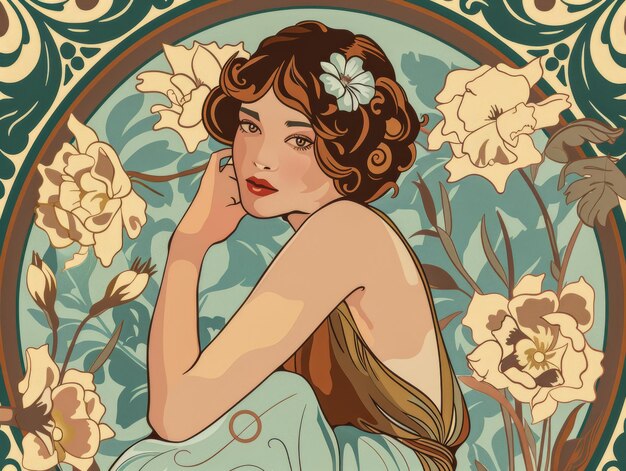 Porträt einer eleganten Art Nouveau-Frau mit einem Vintage-Touch und Blumendetails