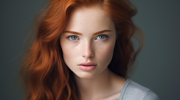 Porträt einer eleganten, sexy, glücklichen weißen Frau mit perfekter Haut und roten Haaren auf einem grauen Hintergrund