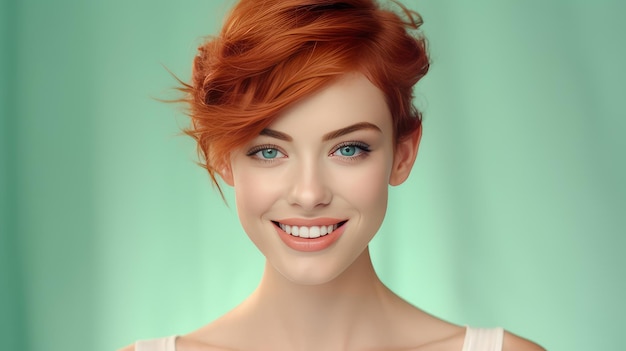Porträt einer eleganten, sexy, lächelnden Frau mit perfekter Haut und kurzen roten Haaren auf einem hellgrünen Rücken