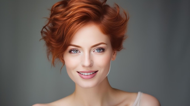 Porträt einer eleganten, sexy, lächelnden Frau mit perfekter Haut und kurzen roten Haaren auf einem silbernen Hintergrund