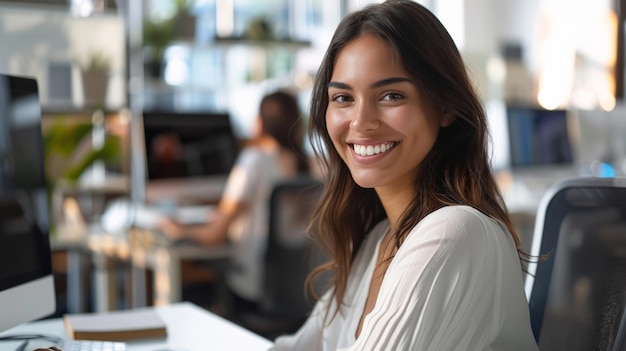 Porträt einer enthusiastischen hispanischen jungen Frau, die in einem modernen, hellen Büro am Computer arbeitet, ein selbstbewusster Personalbeauftragter, der glücklich lächelt, während er online mit Kollegen zusammenarbeitet