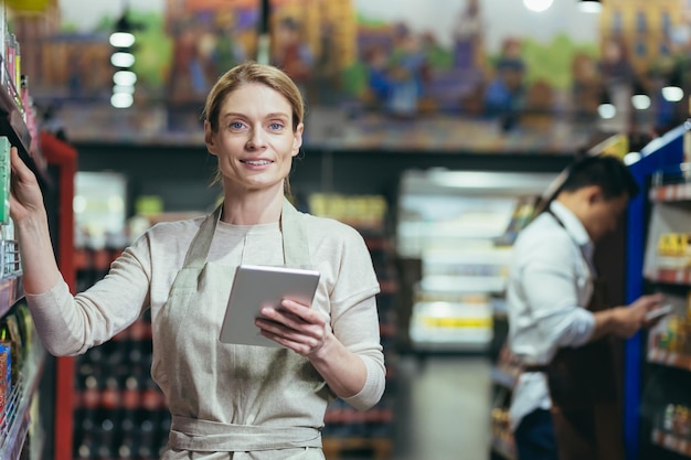 Porträt einer erfahrenen Verkäuferin in einem Supermarkt, der Manager betrachtet die Kamera und