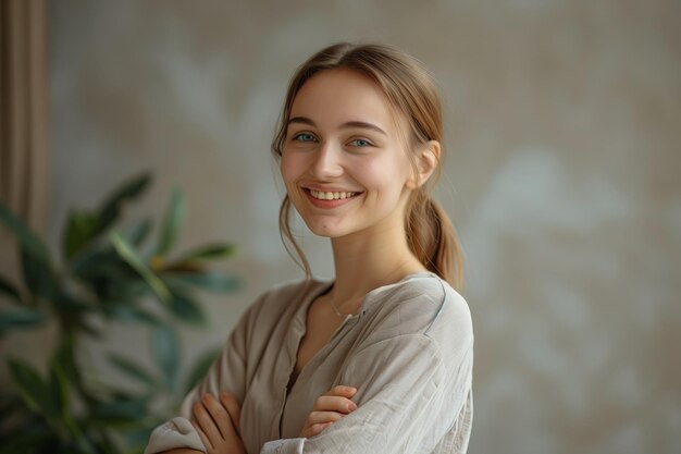 Foto porträt einer erfolgreichen geschäftsfrau glücklich, zuversichtlich und elegant steht sie mit gefalteten armen