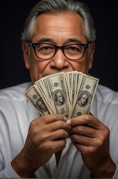 Porträt einer erfolgreichen Person, die eine Menge Banknoten in der Hand zeigt