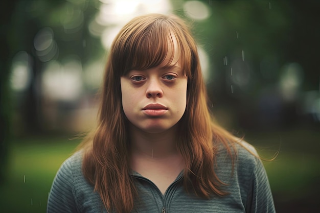 Porträt einer erwachsenen Frau mit Down-Syndrom, die im Freien steht Generative KI