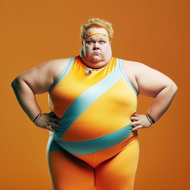Porträt einer fetten Sportlerin in gelb-blauen Strumpfhosen und Kopfband
