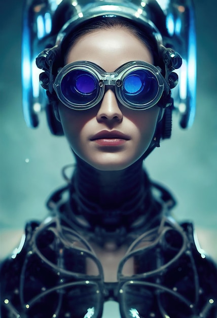 Porträt einer fiktiven schönen Cyberpunk-Fashionista, die eine schöne Cyberpunk-Brille trägt