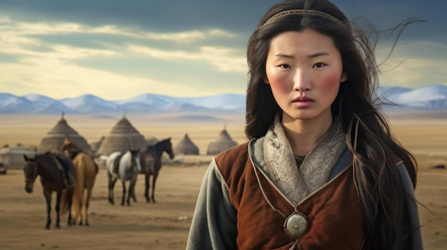 Porträt einer filmischen Mongolin in den Bergen und Steppen der Mongolei vor dem Hintergrund einer von KI generierten Siedlung