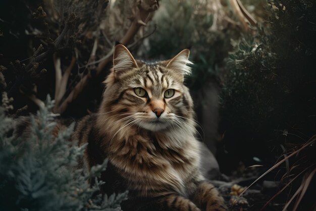 Porträt einer flauschigen süßen Hauskatze im Grünen