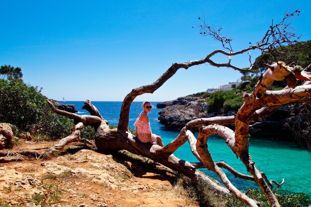 Foto porträt einer frau, die auf einem baum gegen das meer sitzt