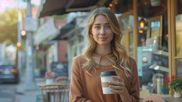 Porträt einer Frau, die eine Kaffeetasse vor einem Kaffeegeschäft hält, lächelt und schaut auf die Kamera und die Kaffeekuppe