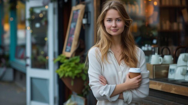 Porträt einer Frau, die eine Kaffeetasse vor einem Kaffeegeschäft hält, lächelt und schaut auf die Kamera und die Kaffeekuppe