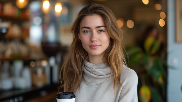 Porträt einer Frau, die eine Kaffeetasse vor einem Kaffeegeschäft hält, lächelt und schaut auf die Kamera und die Kaffeekuppe