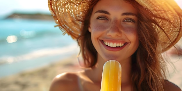 Porträt einer Frau, die einen Sommertag am Strand mit einem Popsicle genießt Konzept Outdoor-Photoshoot Summer Vibes Beach Fun Popsicle Treats