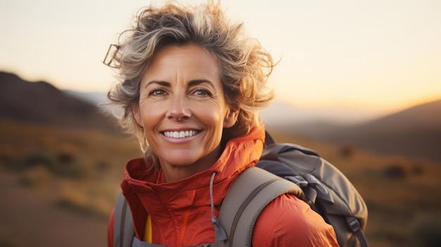 Porträt einer Frau, die während einer Wanderung bei Sonnenuntergang oder Sonnenaufgang lächelt. Porträt einer Frau, die während einer Wanderung in die Kamera lächelt