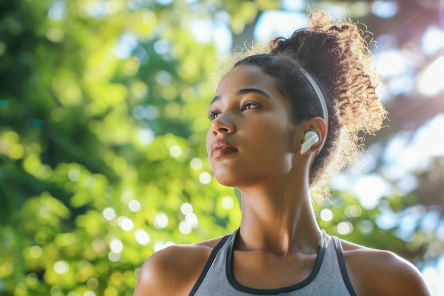 Porträt einer Frau draußen, die Sport macht und Kopfhörer trägt und Musik hört