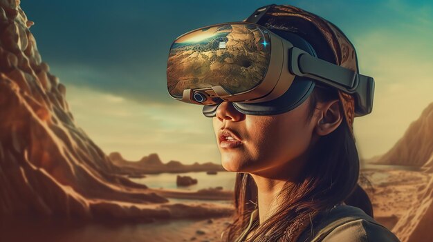 Foto porträt einer frau, eingetaucht in eine vr-welt mit generativer ki