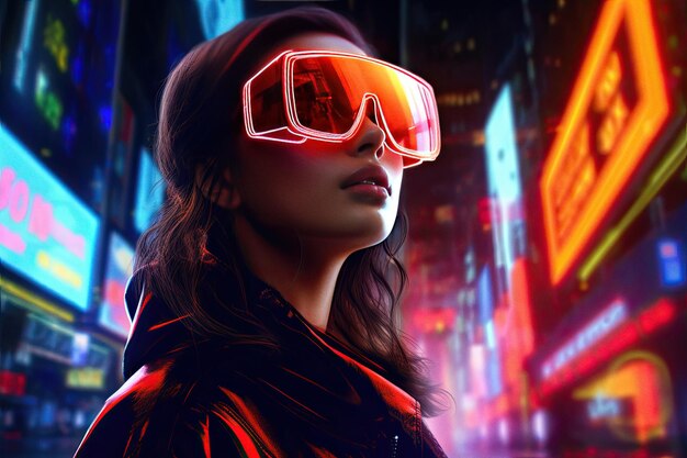 Porträt einer Frau im futuristischen Stil mit Neonfarben, die von der KI generiert wurden