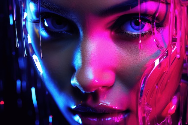 Porträt einer Frau im futuristischen Stil mit Neonfarben, die von der KI generiert wurden