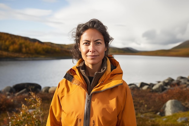 Porträt einer Frau in einer gelben Jacke auf dem Hintergrund des Sees Klimawandelforscher