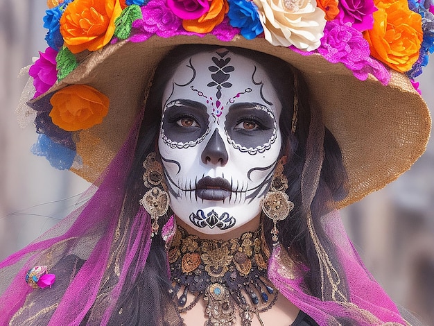 Porträt einer Frau in wunderschönen Kostümen zum Tag der Toten und Totenkopf-Make-up in Mexiko