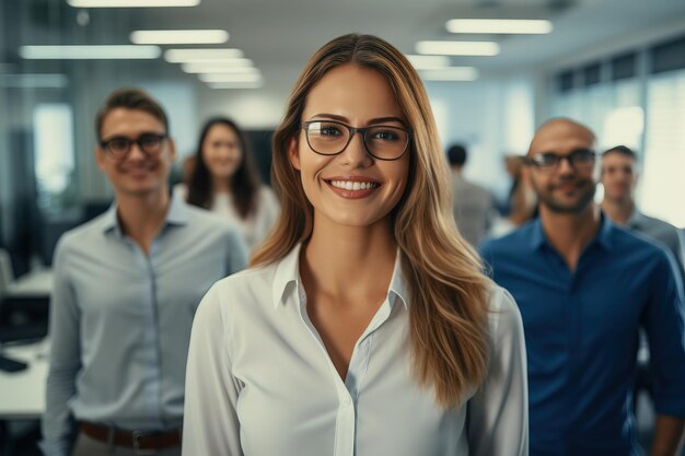 Porträt einer Frau mit Brille, einem lächelnden Büroangestellten, erfolgreichen Geschäftsleuten