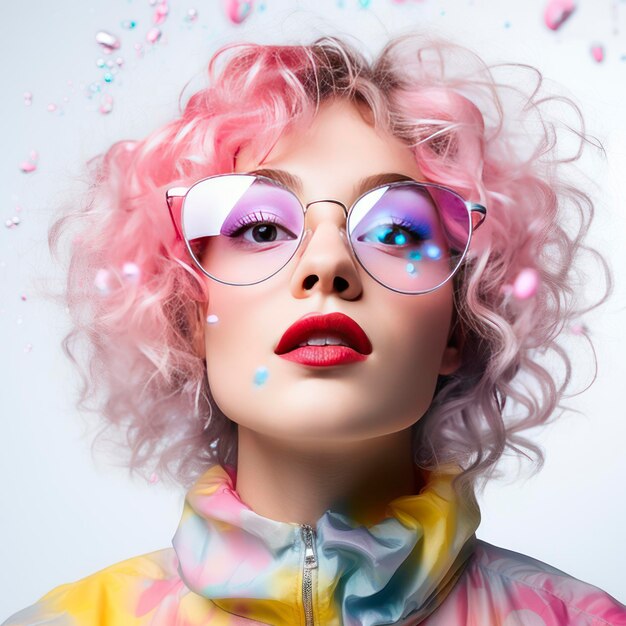 Porträt einer Frau mit Brille im elektrischen Dreamscape-Stil, Pop-Inspiration, isoliert auf weißem Hintergrund