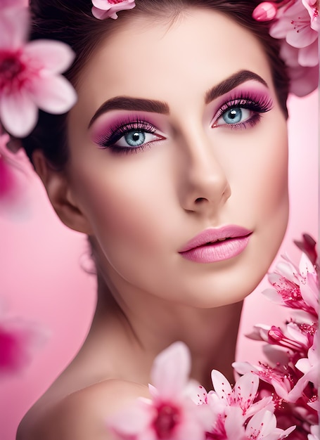 Porträt einer Frau mit Frühlings-Make-up-Blumen in Rosatönen