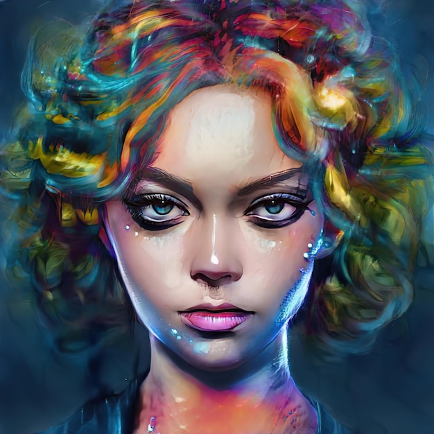 Porträt einer Frau mit gefärbtem Haar. Helle gesättigte Haarfarbe. Schönheitsmake-up auf Gesicht des Mädchens. Perfekt gefärbtes Haar. Illustration