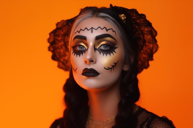 Porträt einer Frau mit kreativem Halloween-Make-up hat einen gruseligen Blick eine Frau in einem Halloween-Kostüm leerer Raum auf einem orangefarbenen Hintergrund Eine Frau bereitet sich auf den Tag der Toten vor Generative KI