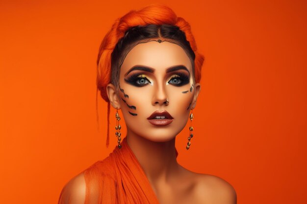 Porträt einer Frau mit kreativem Halloween-Make-up sieht gruselig aus. Eine Frau in einem Halloween-Kostüm. Leerer Raum auf orangefarbenem Hintergrund. Eine Frau bereitet sich auf den Tag der Toten vor. Generative KI