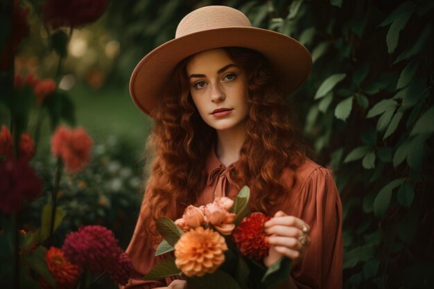 Porträt einer Frau mit langen lockigen Haaren, einem ziegelroten Hut und einem Blumenstrauß in der Hand