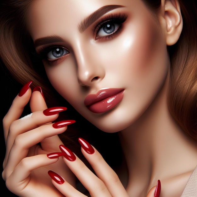 Porträt einer Frau mit Lippen und roten Nägeln. Beauty-Industrie-Make-up-Profi. Schönes Modell