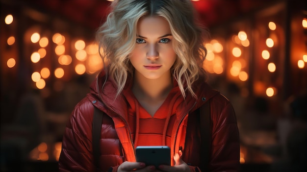 Porträt einer Frau mit Mobiltelefon in den Händen vor dem Hintergrund der nächtlichen Stadtlichter