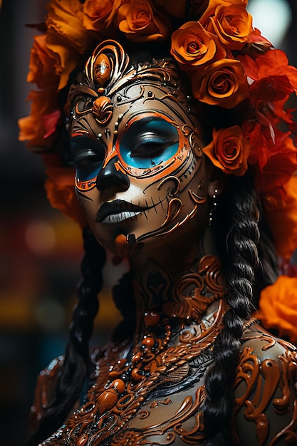 Porträt einer Frau mit traditionellem La Muerte-Make-up Mexikanisches Festival Dia de los Muertos Halloween