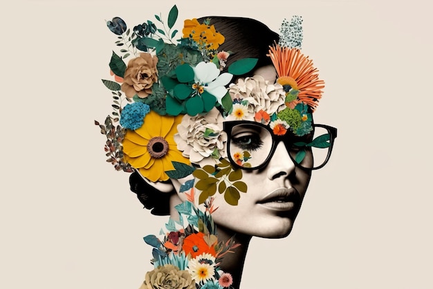 Porträt einer Frau mit vielen Blumen Abstraktes trendiges Kunstdruckpapier-Collagendesign Generatives ai