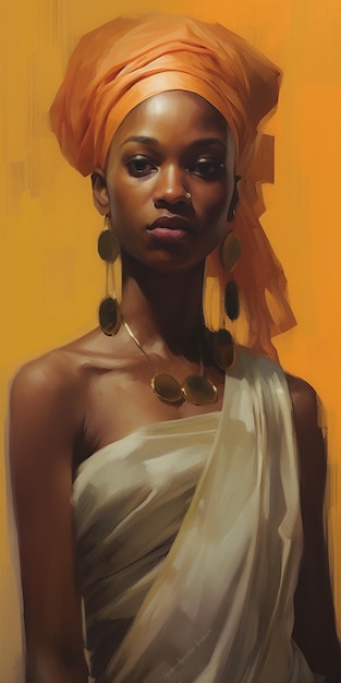 Porträt einer Frau mit weißem Kleid und goldenen Ohrringen.