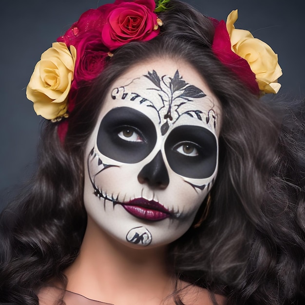 Porträt einer Frau mit Zuckerkopf-Make-up auf dunklem Hintergrund Halloween-Kostüm und Porträt