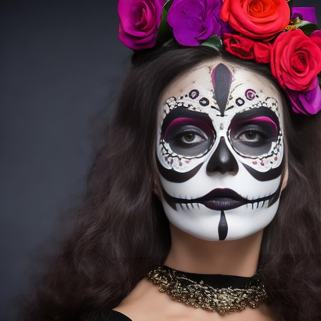 Porträt einer Frau mit Zuckerkopf-Make-up auf dunklem Hintergrund Halloween-Kostüm und Porträt