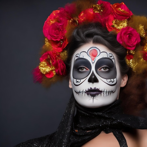Porträt einer Frau mit Zuckerkopf-Make-up auf dunklem Hintergrund Halloween-Kostüm und Porträt