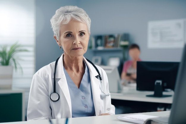 Porträt einer freundlichen älteren grauhaarigen medizinischen Fachkraft in einem weißen Kittel und einem Stethoskop
